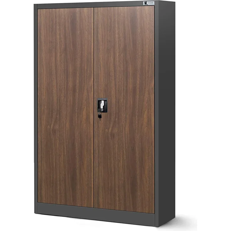 Aktenschrank C001K Metallschrank Büroschrank Werkzeugschrank 3 Fachböden Stahlblech Flügeltüren Pulverbeschichtung 140 x 90 x 40 cm (Anthrazit/Holzoptik)