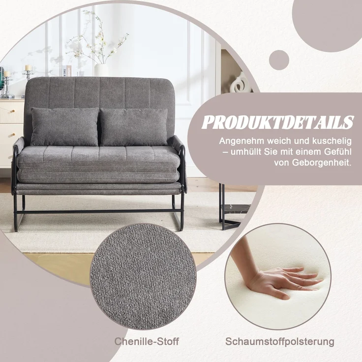 ZUBALIYA Schlafsofa 85x92 cm, mit Stauraum, mit Chenille - Bezug, mit breiten Armlehnen, mit Schaumstoffpolsterung, Schwarz – Bild 4