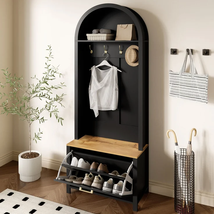 Multifunktionaler Garderobenschrank mit Schuhregal, Ablage & Haken – Hall Tree für Eingangsbereich, langlebiger MDF Korpus, modernes Design, stabile Eisenfüße, praktische Aufbewahrung--Schwarz, Holz--75x35x195cm--YOUDENOVA – Bild 3