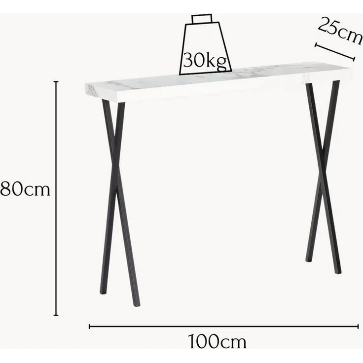 Wohnando Couchtisch Konsolentisch "Apollo", 100x25x80cm weißes Mamordekor, Flurtisch, schwarz Metallbeine, Ablagetisch Flur, Wohnzimmer Sideboard – Bild 2