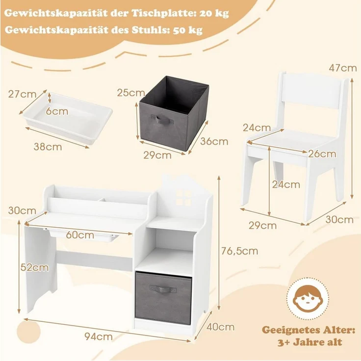 COSTWAY Kinderschreibtisch (2-St), mit Stuhl, Schülertisch mit Stauraum, Schublade – Bild 3