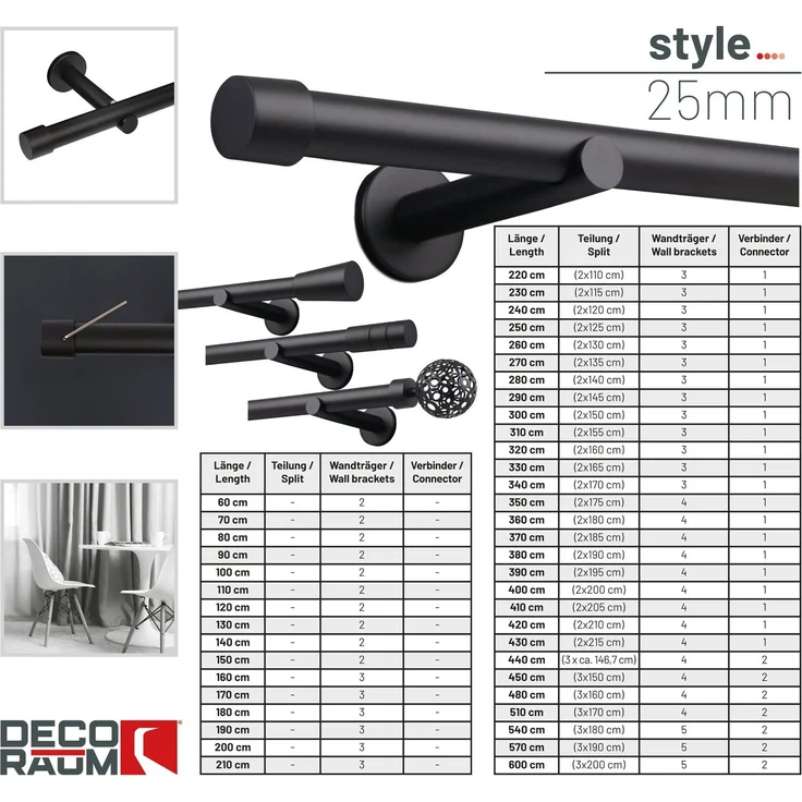 Deco-Raum® Gardinenstange 25mm 1-läufig Kappe | Länge: 450cm | Material: Metall | Farbe: Schwarz – Bild 4