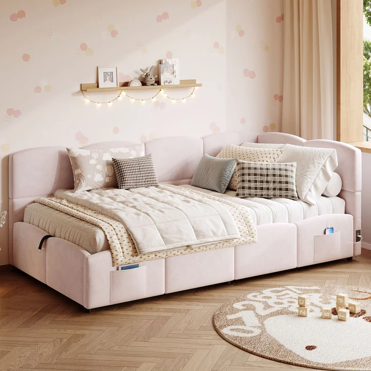 Polsterbett, Kinderbett,Einzelbett, Stauraumbett, Schlafsofa 90x200 cm, mit Lattenrost, USB-Ladegerät, Stautasche, Jugendbett und Erwachsenen-Kinderbett, Samt,rosa (ohne Matratze) – Bild 3