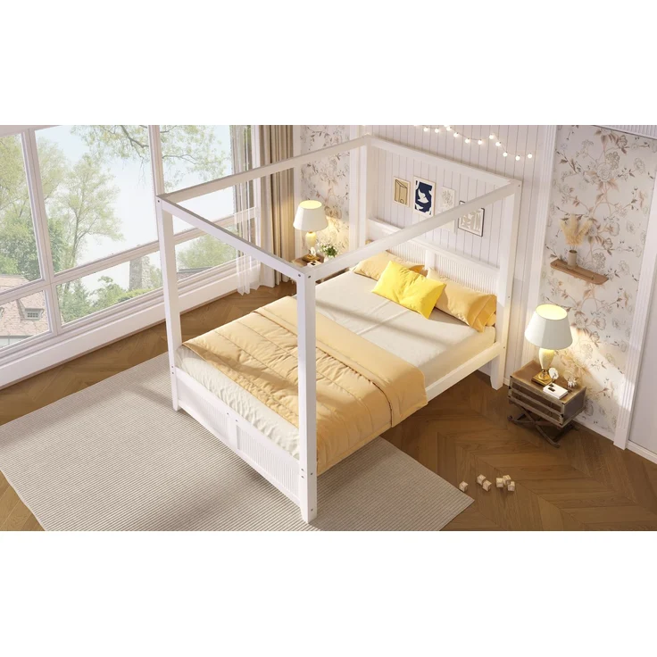 ZUBALIYA 140x200cm Himmelbett aus Holz mit dekorativem Dachrahmen und vertikalen Lamellen am Kopf- und Fußteil, Weiß – Bild 7