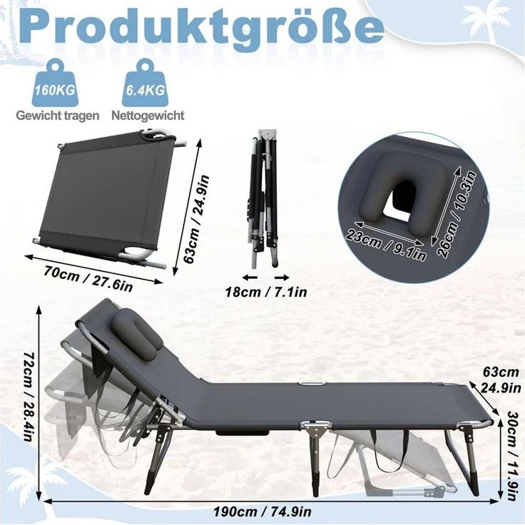 FIVMEN Gartenliege Faltbare Sonnenliege mit Gesichtsausschnitt 4 fach verstellbar 160kg, Garten Strandliege mit Kopfkissen Seitentasche Tragegriffe, 190x63cm – Bild 2