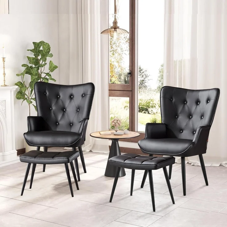 Sessel Ohrensessel Relaxsessel Kunstleder mit Hocker Schwarz pu – Bild 7