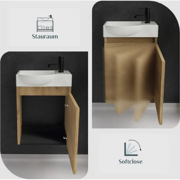 Alpenberger Badmöbel-Set Gäste WC Waschbecken mit Unterschrank - Hängeschrank Vormontiert, (Badschrank 2-tlg, Waschtisch hängend), Waschbeckenunterschrank mit Softclose – Bild 3
