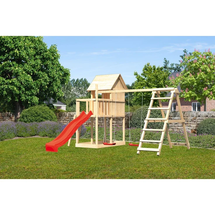 Karibu Kinderspielhaus Frieda Set Aktion2 naturbelassen mit Anbau, Doppelschaukel, Klettergerüst und Rutsche rot – Bild 6