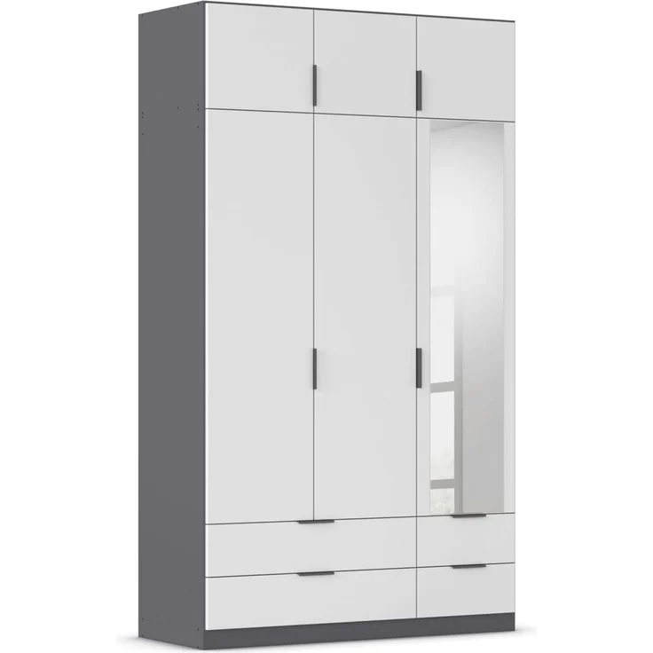 Rauch Möbel Lagoa, Kleiderschrank, Garderobe für Schlafzimmer, Kinderzimmer, Jugendzimmer 6-türig, mit Spiegel, 4 Schubladen, Farbe Weiß /Grau metallic, Schwarz, Breite 136 – Bild 1