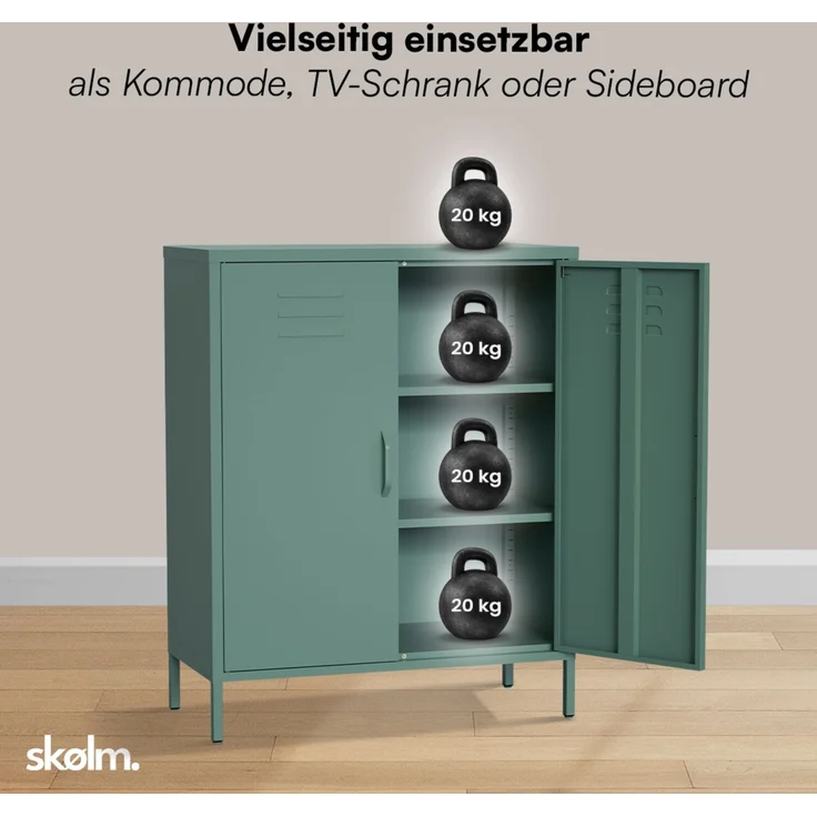 skølm 'Atria' Metallkommode, dunkelgrün, 100x38x80 cm, Metallschrank mit 3 Fächern – Bild 5