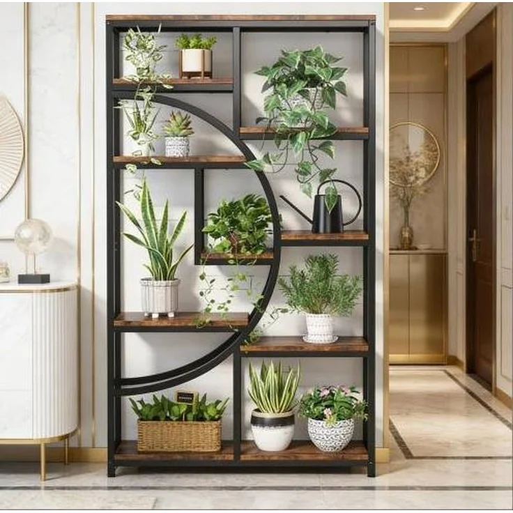 DESVIAE Regal mit 9 offenen Fächern aus Metall und Holz, Schwarz/Rustikbraun, 95 x 30 x 174 cm – Bild 1