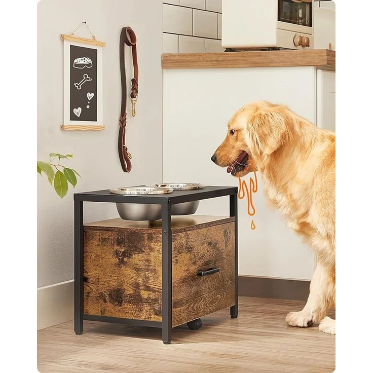 Feandrea Hundenapf erhöht, für große Hunde, Futternapf mit Gestell, erhöhter Fressnapf mit Schublade, Futterstation, 2 Schüsseln, 39 cm hoch, vintagebraun-schwarz – Bild 2