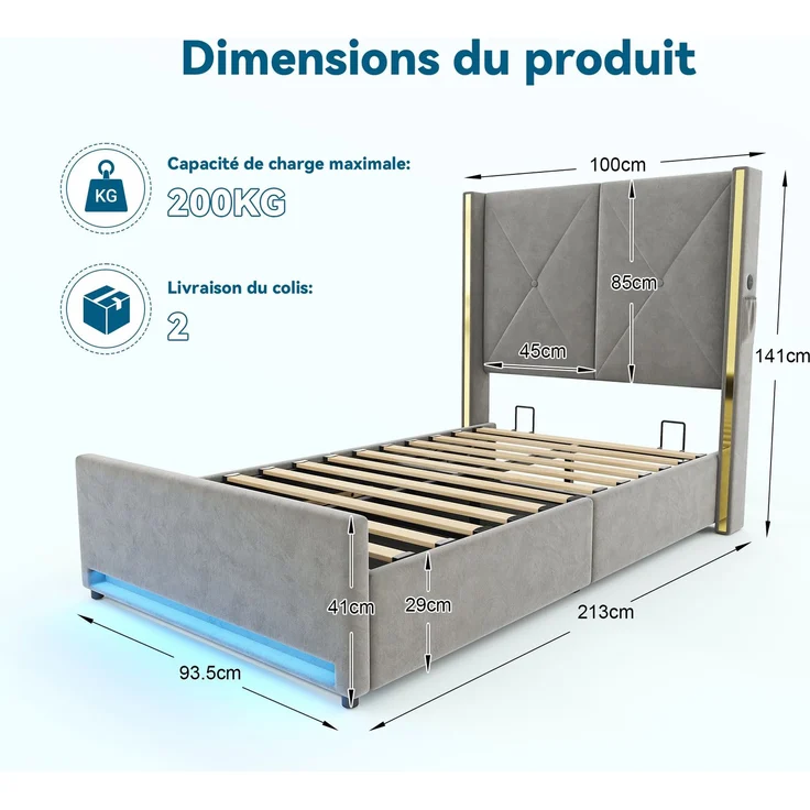 TavilaEcon Boxspringbett Veloursbett mit hohem Kopfteil, Seitentaschen & USB grau Liegefläche 90 × 200 cm – Bild 7