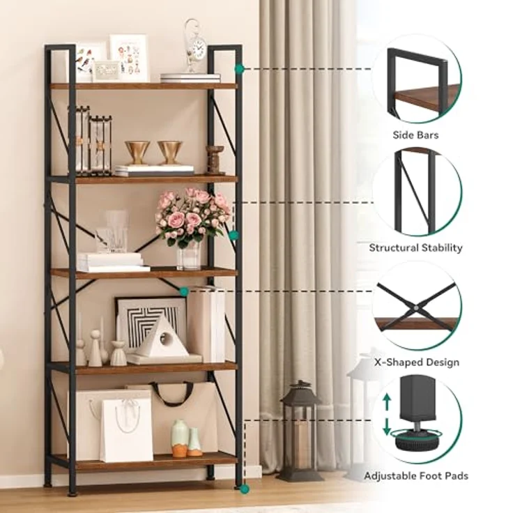 YITAHOME Bücherregal, Standregal mit 5 Ebenen, Hohes Lagerregal mit Metallrahmen, Industrielles Ausstellungsregal, Regaleinheiten, für Wohnzimmer, Schlafzimmer, Homeoffice, Küche, Vintagebraun Regal – Bild 5