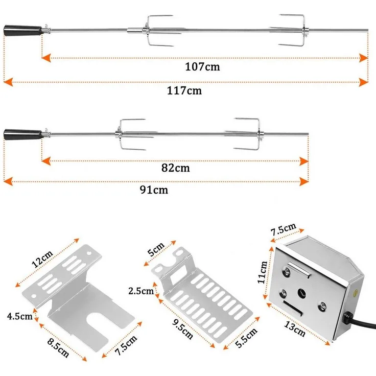 FIVMEN Grillspieß Edelstahl Spieß Set 107cm BBQ Fleischklammer mit Motor Drehspieß (Fleischnadeln, 2-St)