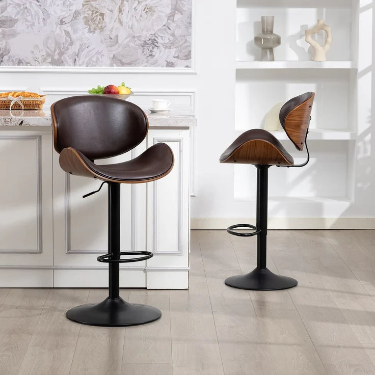 Drehbare Barhocker, 2er-Set, höhenverstellbare Barhocker aus gebogenem Holz, Barstuhl mit PU-Lederbezug, ergonomischer Rückenlehne und Fußstütze, für Bar, Kücheninsel zu Hause(Brown PU Leather)--Braun--51x50x93cm--YOUDENOVA – Bild 8