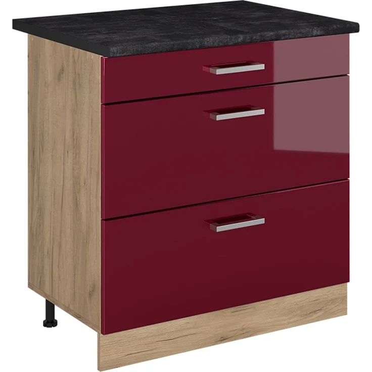 Küchenunterschrank R-Line Rot Hochglanz/Goldkraft Eiche 80 cm mit 3 Schubladen Arbeitsplatte Anthrazit Vicco – Bild 1