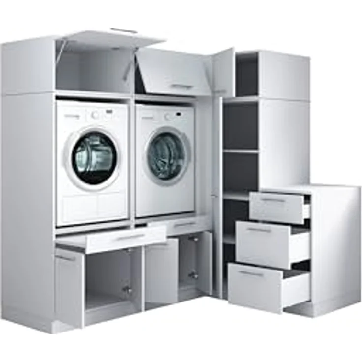 Laundreezy Waschraum Komplett-Set, Weiß - Modulares Schranksystem für Waschküche & Hauswirtschaftsraum - 203 x 200 x 68 cm (B/H/T) – Bild 8