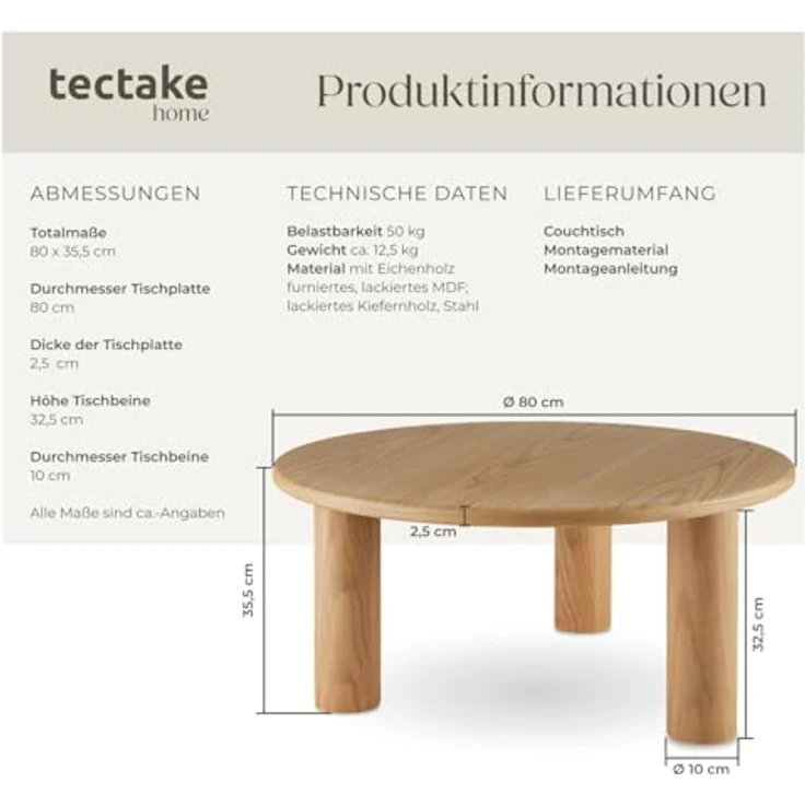 tectake Couchtisch Sofatisch "Sisi", Beine aus Massivholz, besonders pflegeleicht (1-St, 1 tlg), Stilvoller Couchtisch in Rundform mit Schutzlackierung – Bild 3