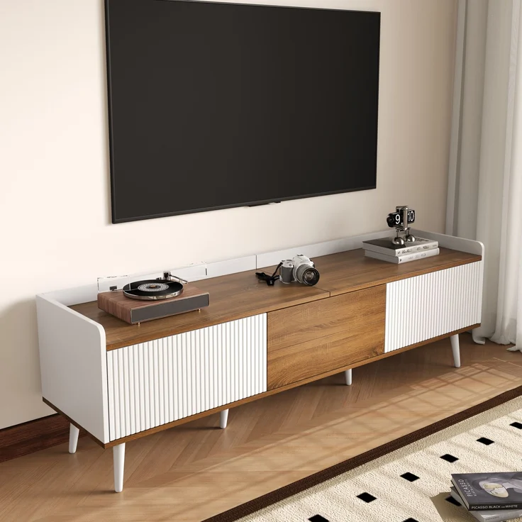 Stilvoller TV-Schrank mit 3 Türen – 160 cm, Weiß und Naturholz, stabil und geräumig, 160x39x49.5cm – Bild 6