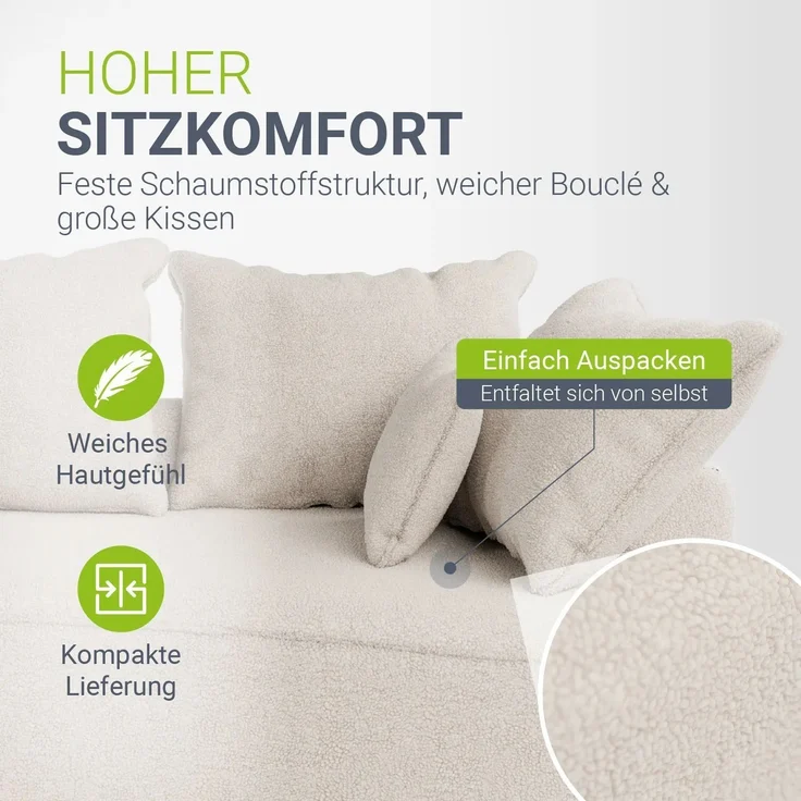 Juskys Sofa Tirano - Bouclé Creme , Ecksofa mit L-Form, mit Rücken- & Dekokissen, 4-Sitzer Eckcouch, Schaumstoff - Ottomane rechts – Bild 4
