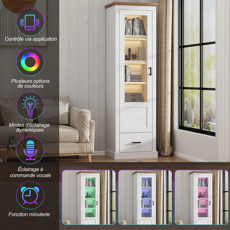 (=N625P230694696W)Moderne LED Vitrine Weiß Matt 178cm mit USB-Anschluss, Standvitrine mit Holzdekor, Gehärtetes Glas Hochschrank mit Schublade, Vitrinenschrank, 5 Fächer Display Schrank--Weiß--50x35x178cm--YOUDENOVA – Bild 10