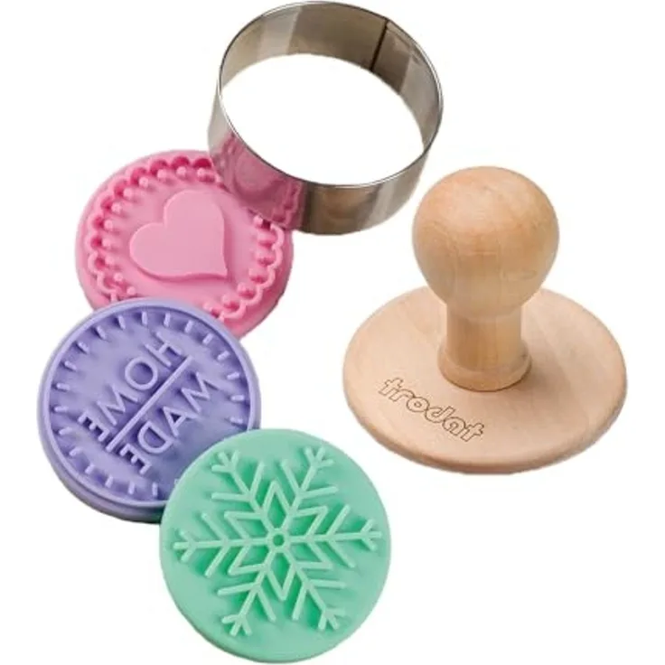 Trodat Keksstempel Set Home Made, Ø ca. 6 cm, Holzstempel, 3 wechselbare Silikon-Motiveinsätze, rostfreier Edelstahl-Ausstechring, spülmaschinenfest