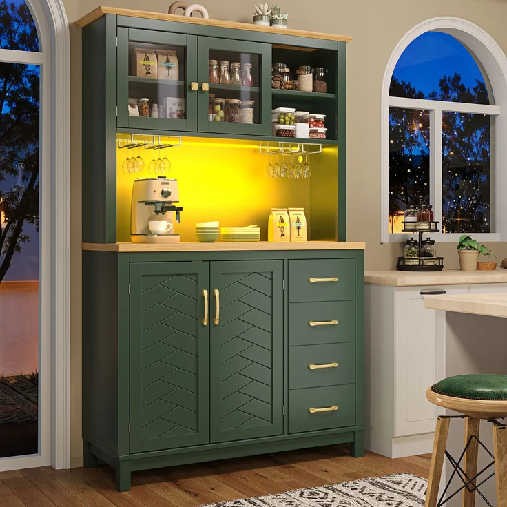 EINHOM Seitenboard / Aufbewahrungsschrank / Küchenschrank / Buffetschrank, 105.5 x 40 x 180 cm, Landhausstil, 4 Türen, mit LED-Lichtleiste & Getränkehaltern, Grün/Schwarz/Weiß, Grün – Bild 4