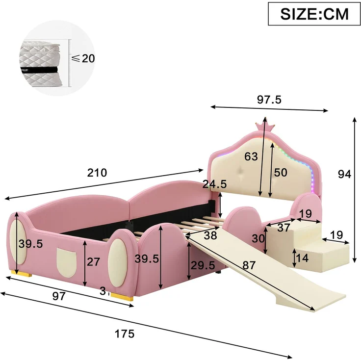 Merax Polsterbett 90x200cm, Crown Cartoon Bett, Mit Multi-Mode-LED-Streifen, Kinderbett mit kleiner Rutsche und Treppe, mit schützenden weichen Kanten, mit Holzlatten, PU, Rosa + Beige – Bild 4