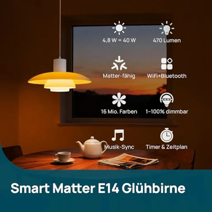 Linkind Matter Smart Alexa Lampe E14 Kerze CRI90+, RGBTW & 16Mio. Farben, 1-100% Dimmbar, Dotis+ AI Technologie, 1800K-6500K, Musik-Sync & Timer, B38/C38, 4.8W, 470LM, 4 Stück – Bild 2