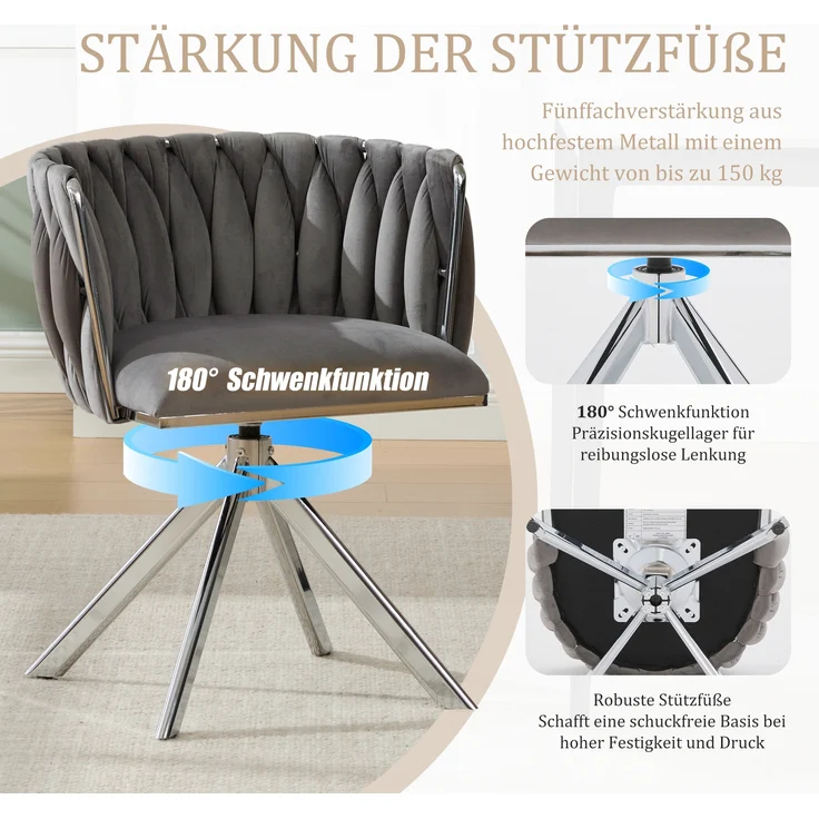 LVHOM Esszimmerstuhl 2er-Set, 180° drehbar mit runden Rückenlehne, Wohnzimmerstuhl aus Samt, bis 150 kg, für Homeoffice – Bild 3