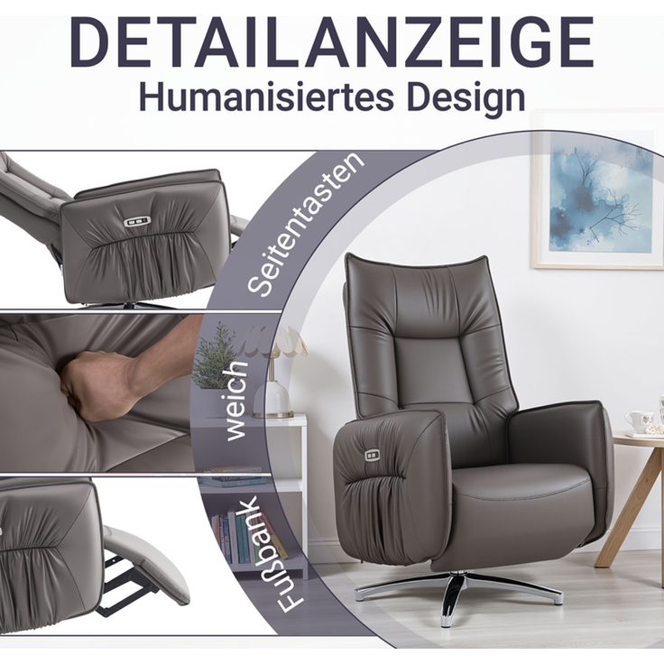 HOME NATURE WOHNKONZEPT Elektrischer Relaxsessel mit USB-Anschluss, elektrisch verstellbarer TV-Sessel mit Liegefunktion, Kunstleder Braun, bis 350 kg, FT9208 – Bild 5