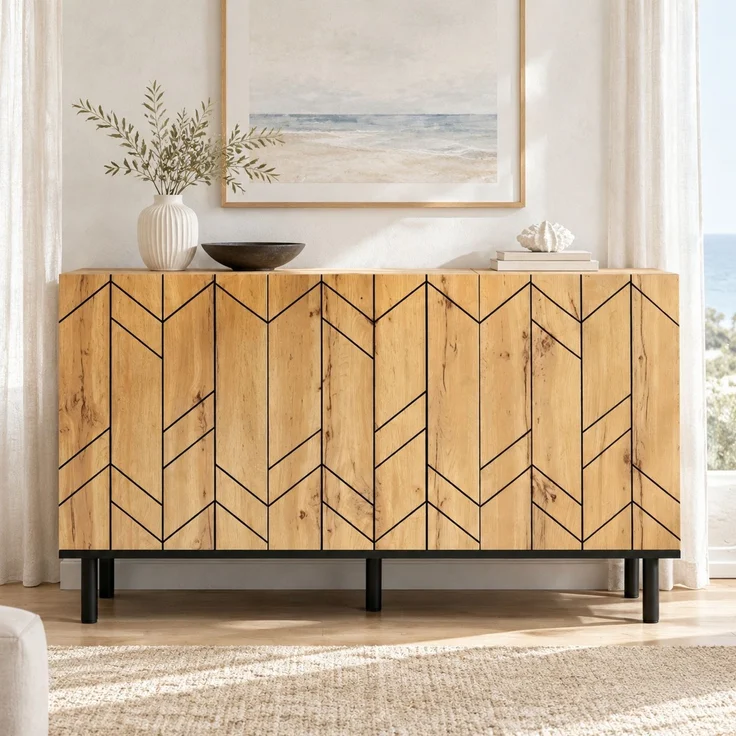 DESVIAE Sideboard Naturholz aus Spanplatte – 120x70x35 cm – 3 Türen, Wellenmuster – Bild 1