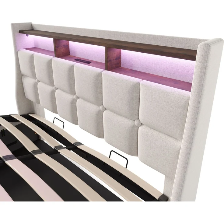 Polsterbett 180x200 cm mit USB, LED und Stauraum – Bettgestell aus Leinenstoff in Hellbeige – Bild 7
