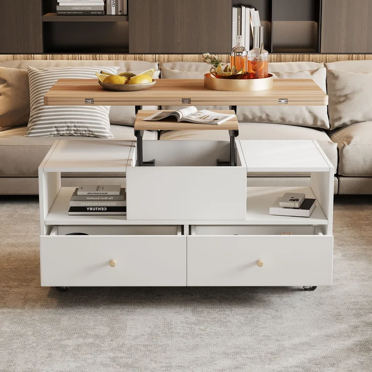 Höhenverstellbarer Couchtisch aus MDF mit 4 Schubladen, Klappfunktion & Rollen, 100x50x47,5-62 cm, Naturholz/Weiß – Bild 1