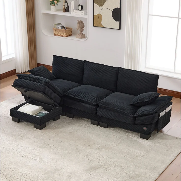 DESVIAE Sofa 3-Sitzer mit Hocker, 260x84x132 cm, Corduroy, Schwarz, mit USB-C-Anschluss und Stauraum – Bild 2