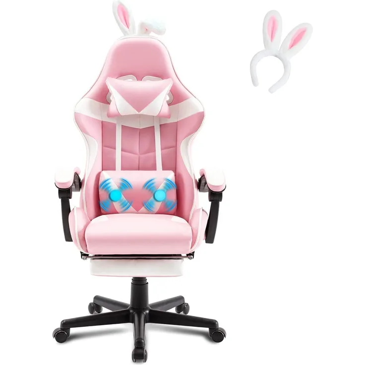 Soontrans Gaming Stuhl Massage, Gaming Sessel mit Fußstütze & Kopfstütze & Massage-Lendenkissen & Haarreif, Gepolsterte Armlehnen, Ergonomisch Gaming Stuhl für Gamer YouTube Livestreaming Xbox (Rosa)