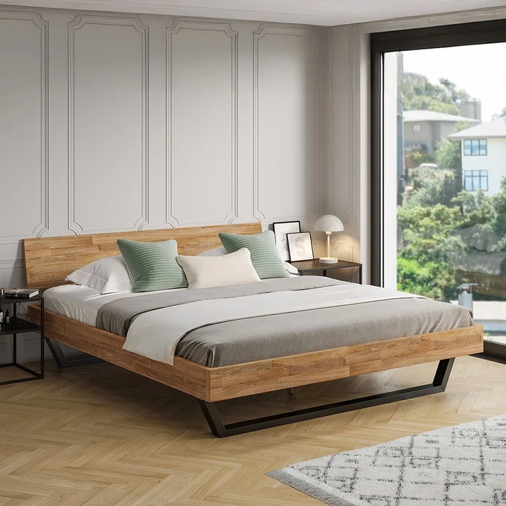 skølm 'Alver' Bett 180x200 cm, Bettgestell, natur geölt, Massivholzbett aus Eiche mit Metallkufen, Doppelbett mit durchgehendem Bettkopf – Bild 1