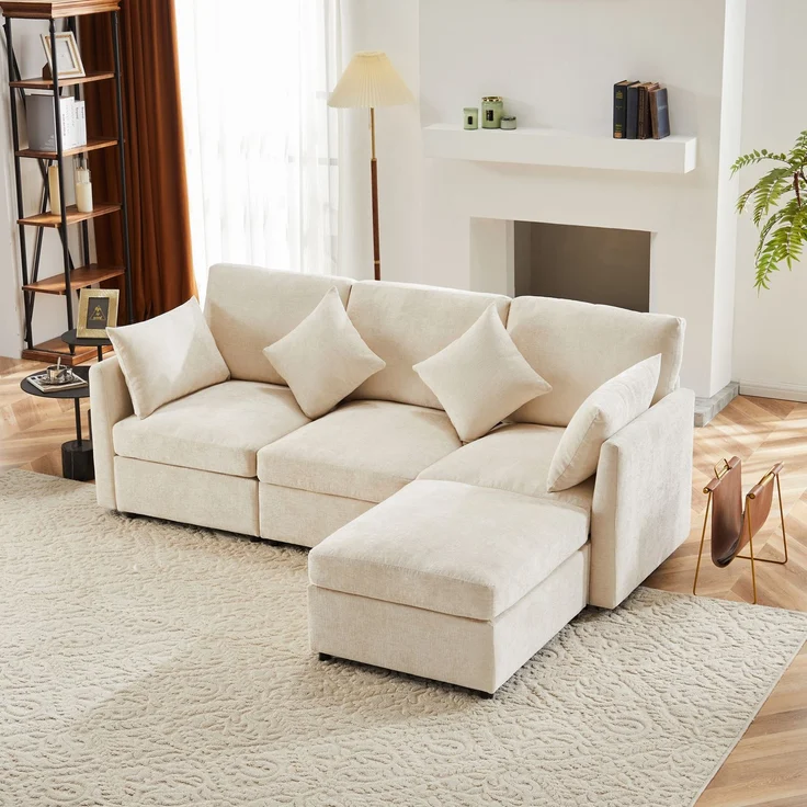 DESVIAE Sofa modular mit Hocker und 4 Kissen 216x81x161 cm Chenille Beige – Bild 2