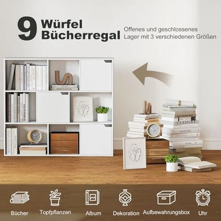 HOMCOM Bücherregal 9 Würfelfächer, Standregale 1-tlg, für Wohnzimmer, Büro, Weiß – Bild 4