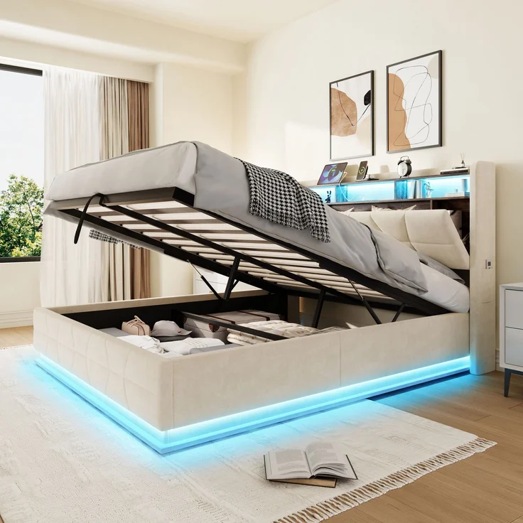 LVHOM Doppelbett 140x200cm mit LED&USB, Polsterbett mit hydraulischem Stauraum, Samtstoff, Beige – Bild 9