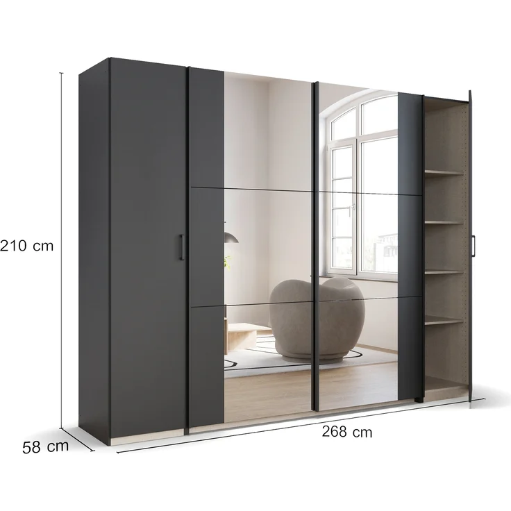 rauch Kleiderschrank, Dreh- und Schwebetürenschrank KRONACH, 4-türig, 2 Spiegeltüren teilaufgelegt, Grau metallic, 268 x 210 x 59 cm – Bild 4