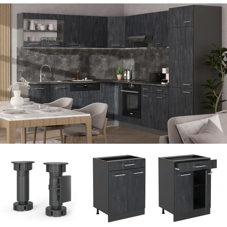 Küchenunterschrank R-Line Schwarz Beton 60 cm mit Schublade, ohne Arbeitsplatte Vicco – Bild 2