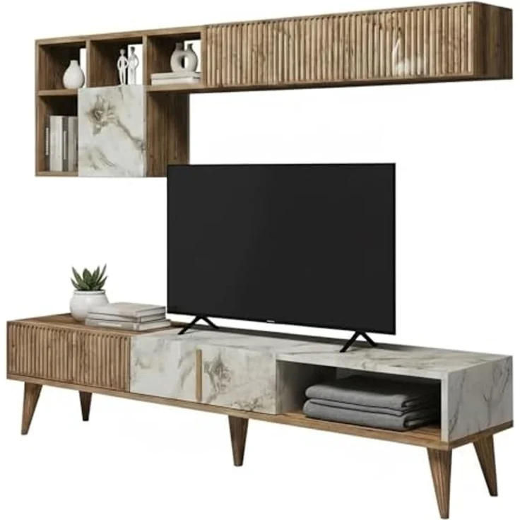 Dmora - Wohnzimmermöbel Gemini, Modulares Wohnzimmerset, Mehrzweck-Wohnzimmermöbel, Moderner TV-Schrank, 180x35h40 cm, Nussbaum und Weißer Marmor – Bild 2
