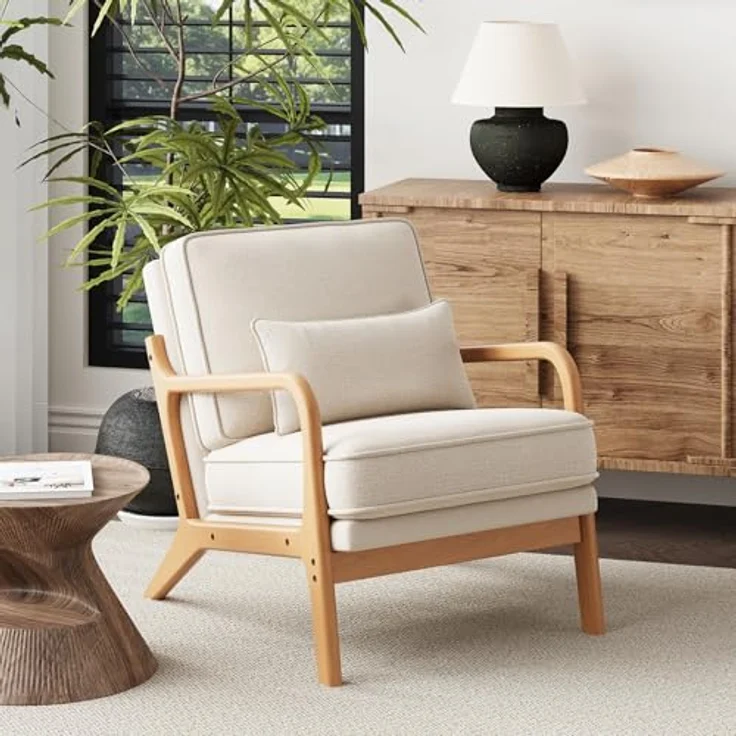 COLAMY Sessel Wohnzimmer Mid-Century Modern 2er Set, Loungesessel mit Lendenkissen, Massivholzrahmen & weichem Polster, bequemer Lesesessel für Wohnzimmer und Schlafzimmer, Beige – Bild 8