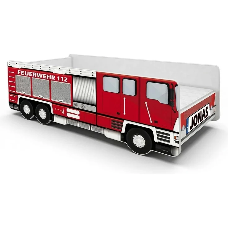ACMA Kinderbett Auto-Bett Feuerwehr mit Rausfallschutz, Lattenrost und Matratze (140x70 + Name)