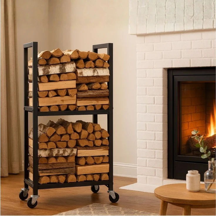 PROREGAL® Kaminholzregal PHOENIX mit Rollen & 2 Ebenen 82x44x28cm Metall Schwarz Holzständer, BxTxH:44x28x82 cm, Holzständer Holzhalter Kaminholzständer Brennholzregal – Bild 2