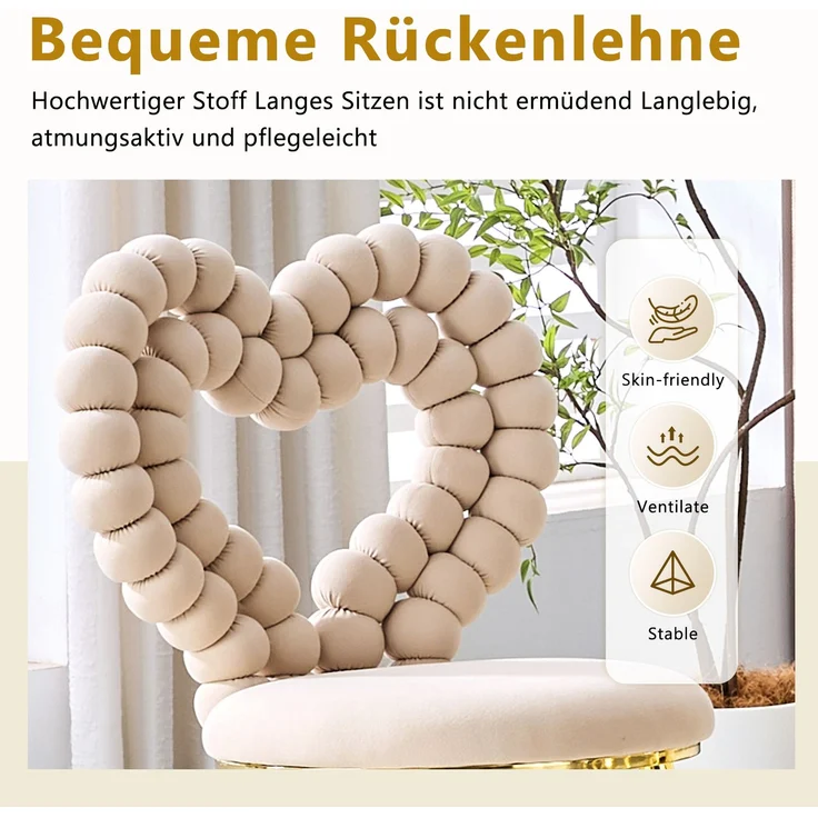LVHOM 2er Set Esszimmerstuhl mit herzförmiger Rückenlehne, Polsterstuhl aus Samt & Metall, Designstuhl für Büro, Schminktisch und Wohnzimmer, Khaki – Bild 5