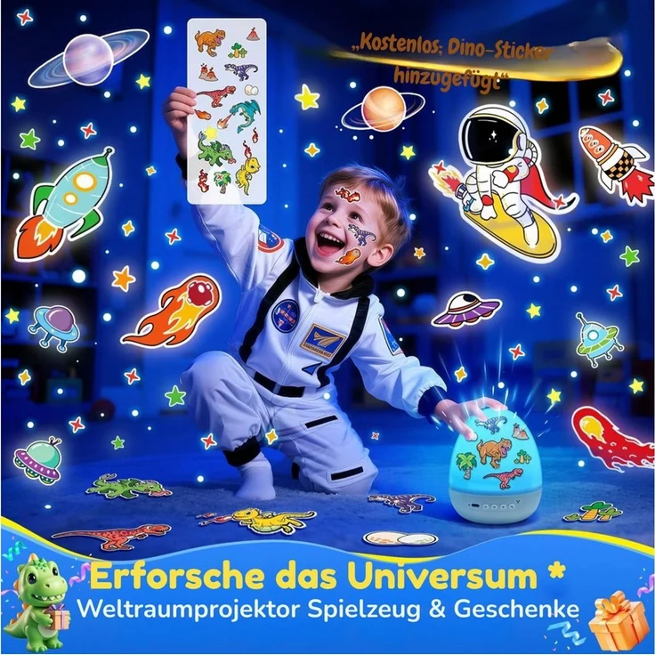Vivitar LED-Sternenhimmel Dino-Ei-Projektor für Kinder, Nachtlicht mit 12 Projektionsfolien, Geschenk für Jungen und Mädchen, 360°-Drehung, 7 Farben, 15 Melodien und beruhigenden Klängen, 1200-mAh-Akku, aufladbar über USB-C, 15/30-Minuten-Timer, DIY-Di... – Bild 2
