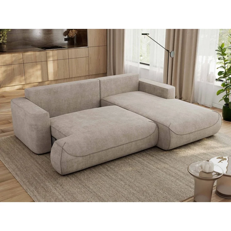 Ecksofa OVO mit schlaffunktion und bettkasten, Wellenfeder, lose Kissen, L-form 271x195 cm - Beige Struktur - rechte Seite – Bild 4